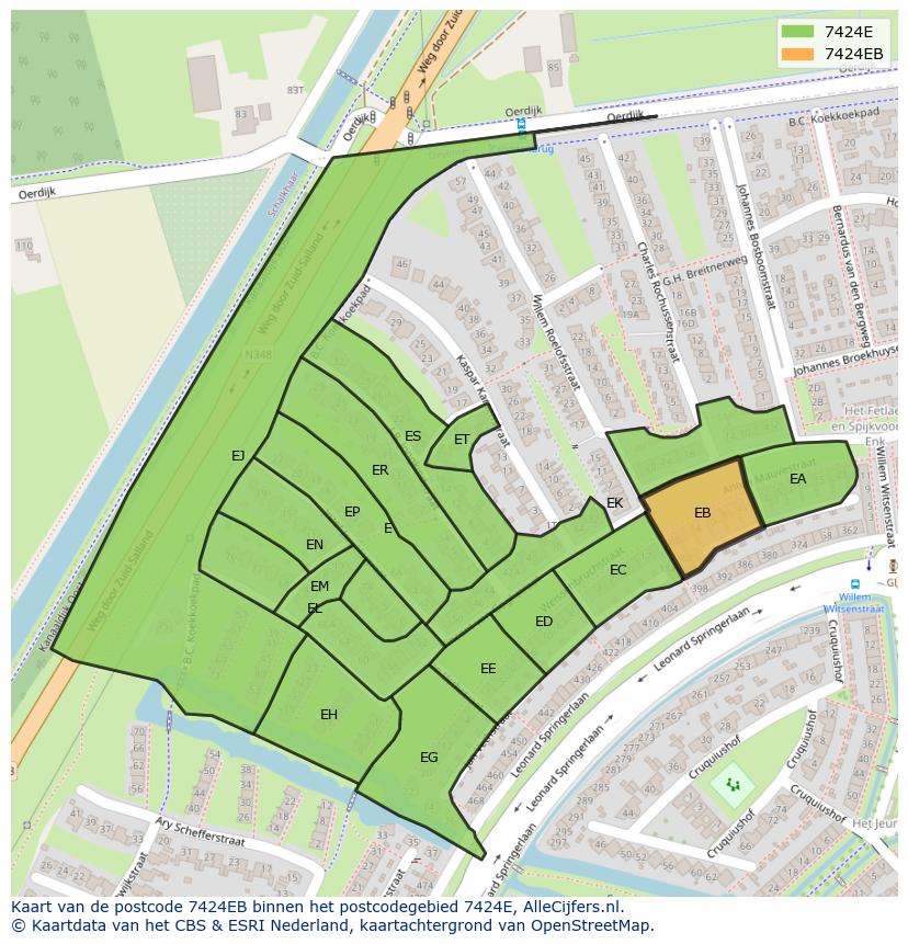Afbeelding van het postcodegebied 7424 EB op de kaart.