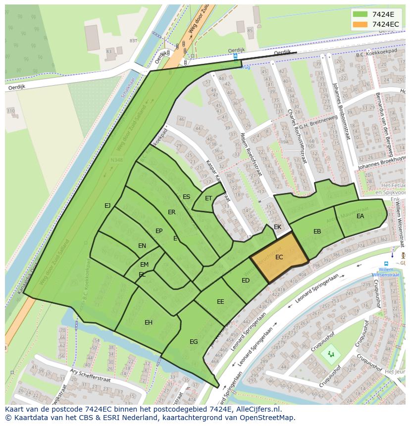 Afbeelding van het postcodegebied 7424 EC op de kaart.
