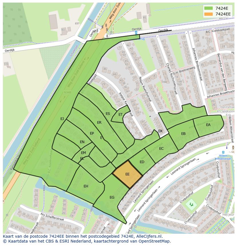 Afbeelding van het postcodegebied 7424 EE op de kaart.