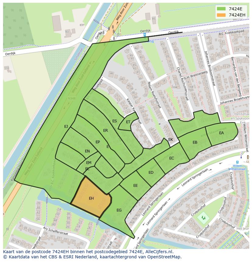 Afbeelding van het postcodegebied 7424 EH op de kaart.