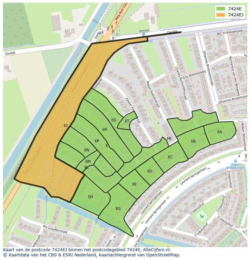 Afbeelding van het postcodegebied 7424 EJ op de kaart.