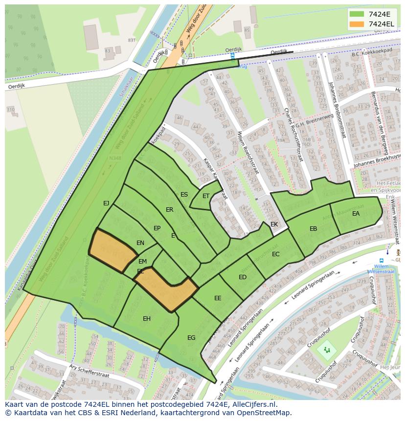 Afbeelding van het postcodegebied 7424 EL op de kaart.