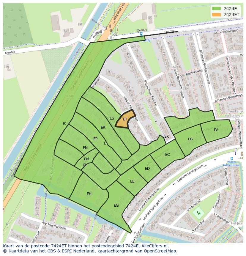 Afbeelding van het postcodegebied 7424 ET op de kaart.