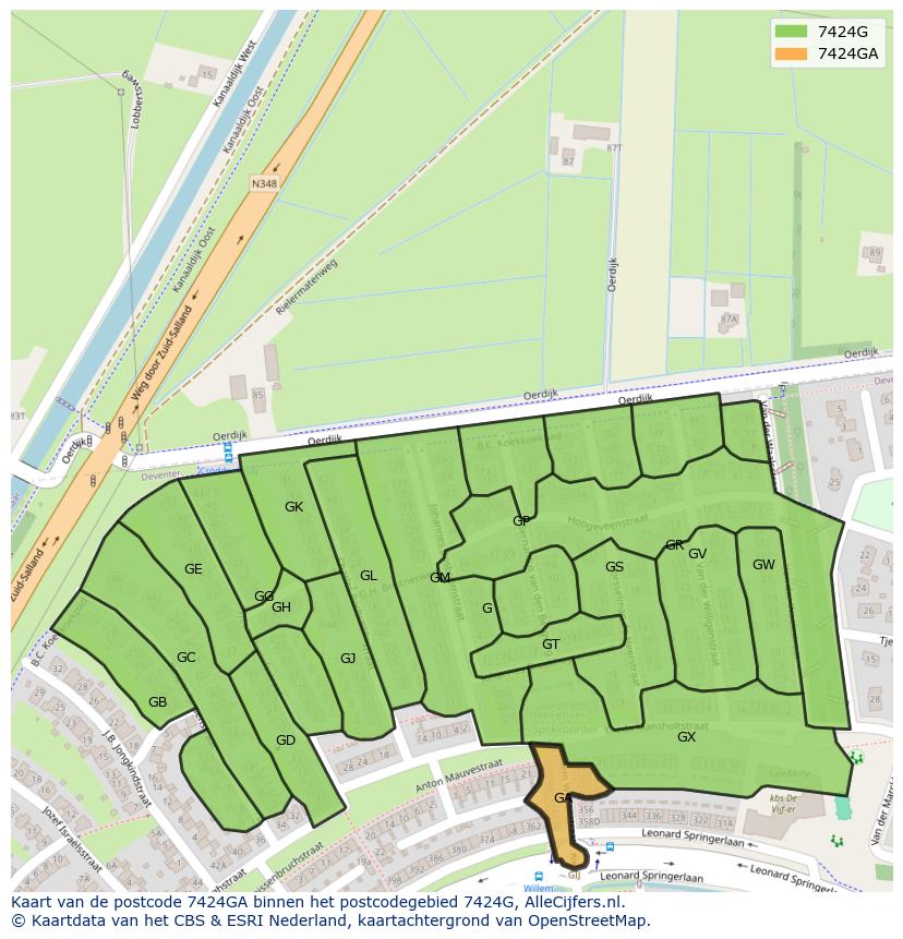 Afbeelding van het postcodegebied 7424 GA op de kaart.