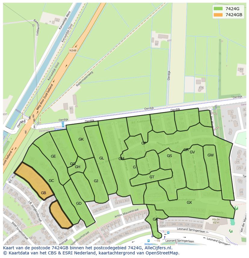 Afbeelding van het postcodegebied 7424 GB op de kaart.