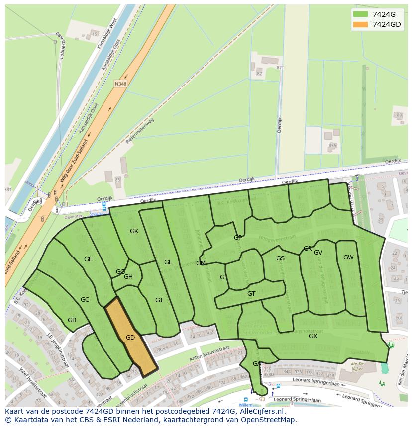 Afbeelding van het postcodegebied 7424 GD op de kaart.