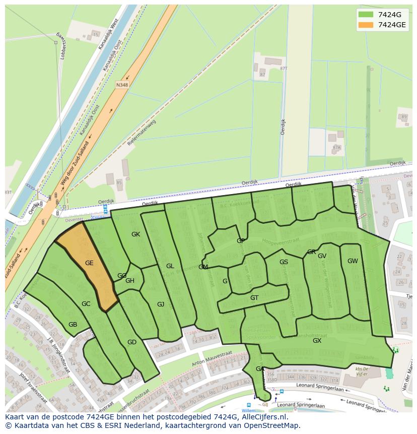 Afbeelding van het postcodegebied 7424 GE op de kaart.