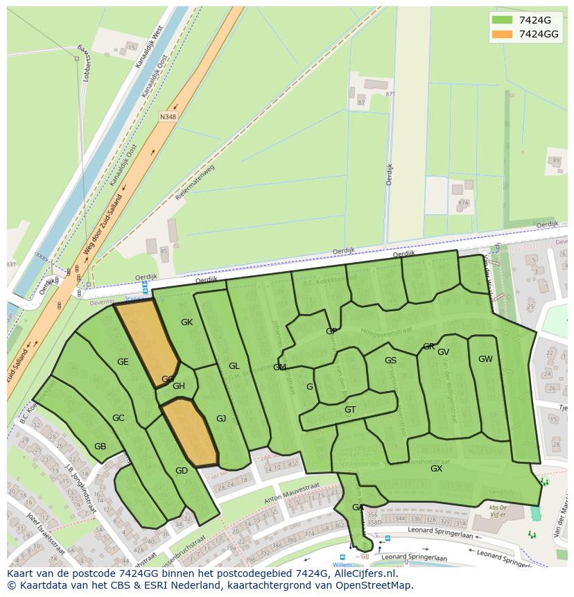 Afbeelding van het postcodegebied 7424 GG op de kaart.
