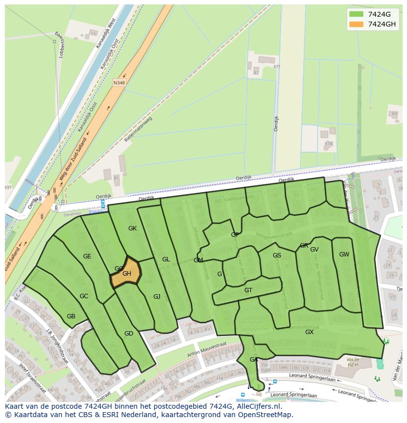 Afbeelding van het postcodegebied 7424 GH op de kaart.