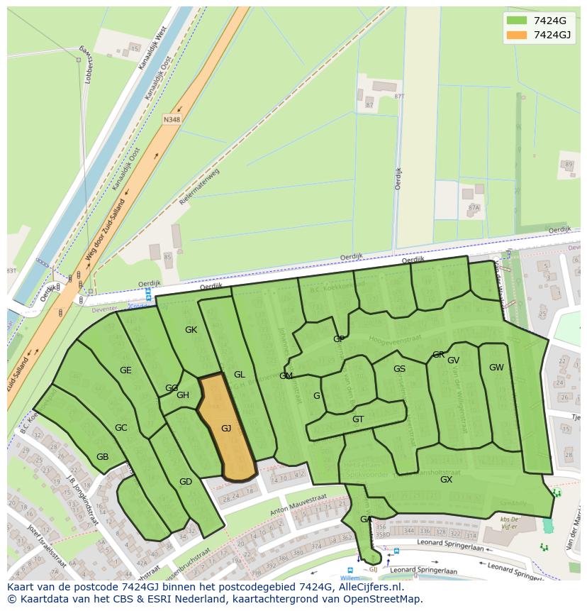 Afbeelding van het postcodegebied 7424 GJ op de kaart.