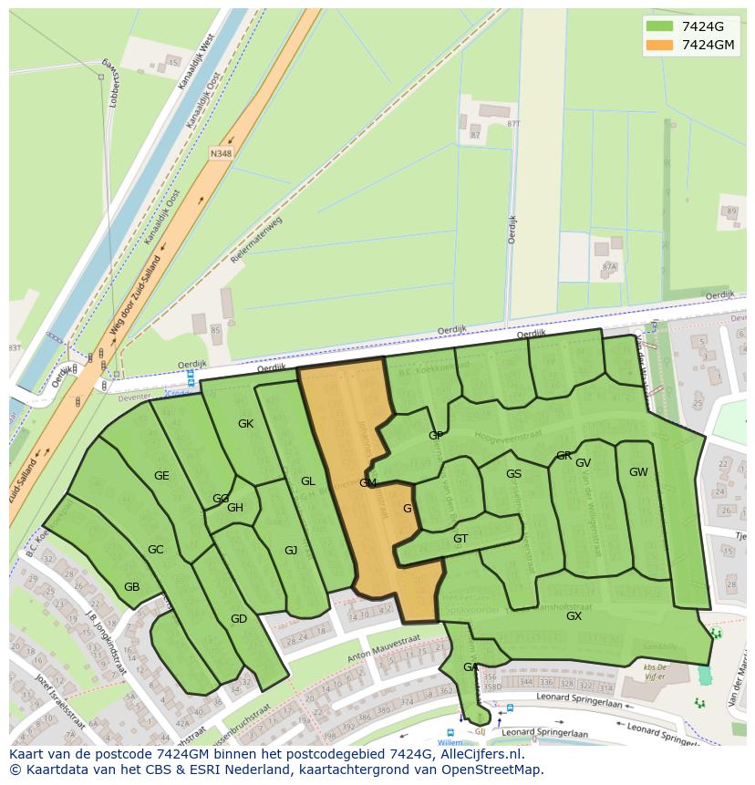 Afbeelding van het postcodegebied 7424 GM op de kaart.