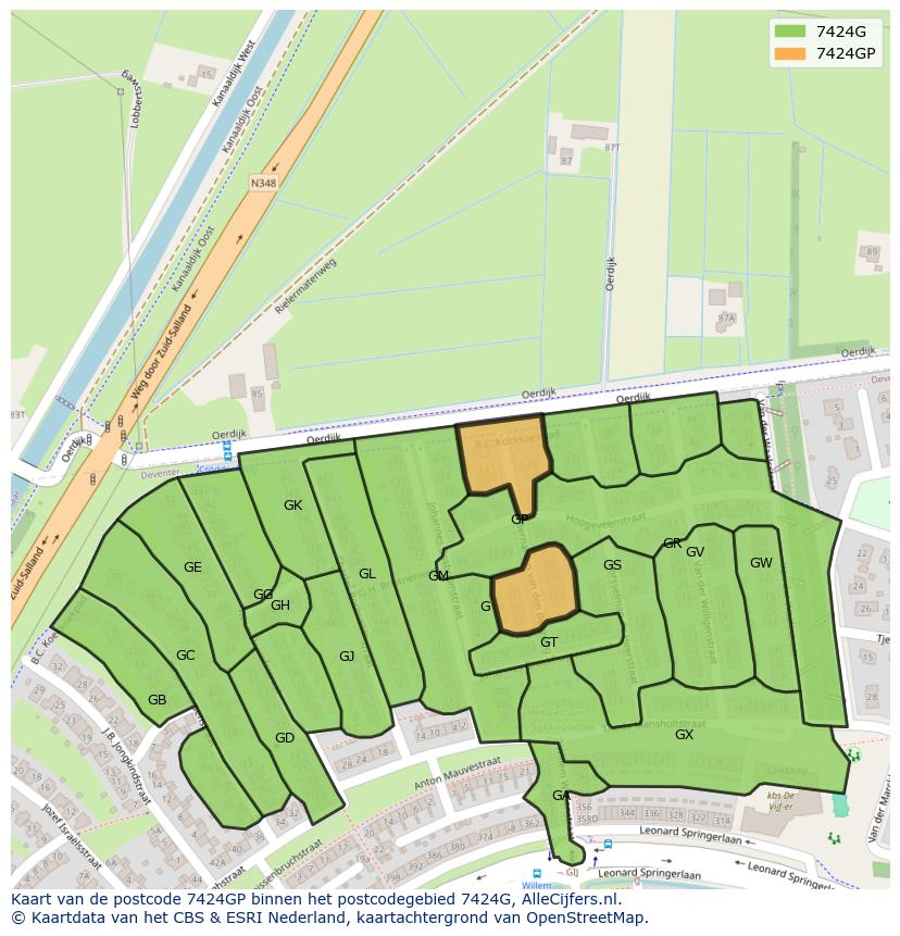 Afbeelding van het postcodegebied 7424 GP op de kaart.