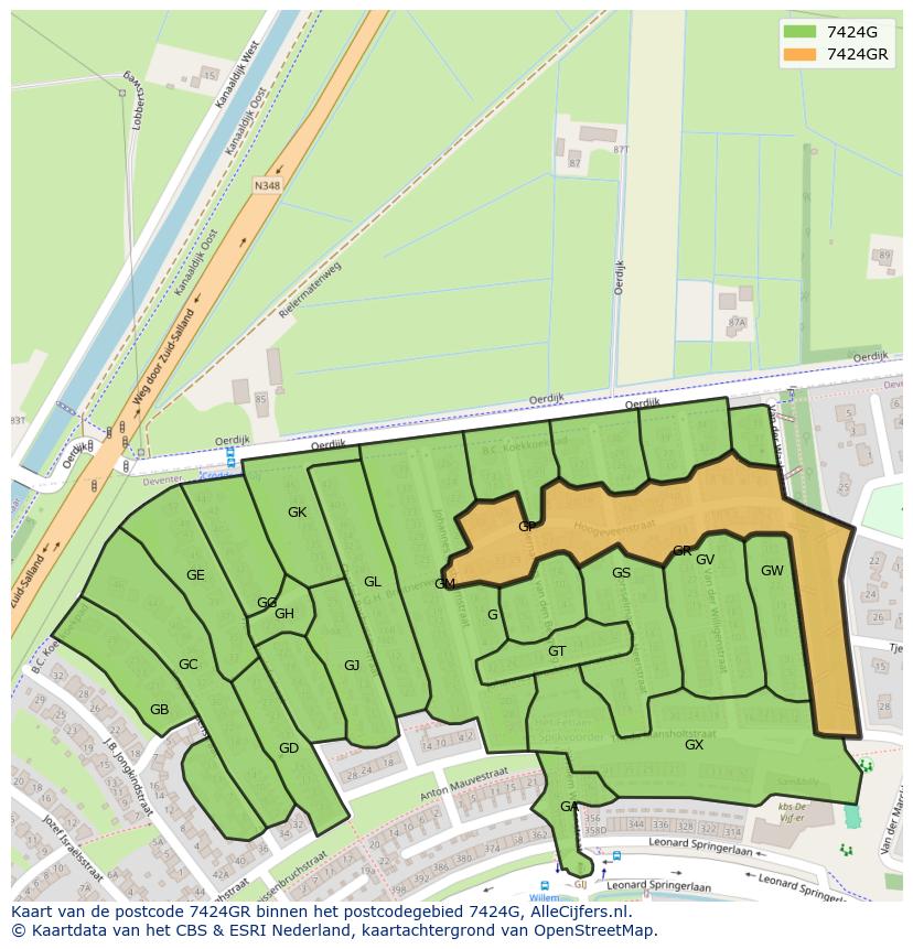 Afbeelding van het postcodegebied 7424 GR op de kaart.