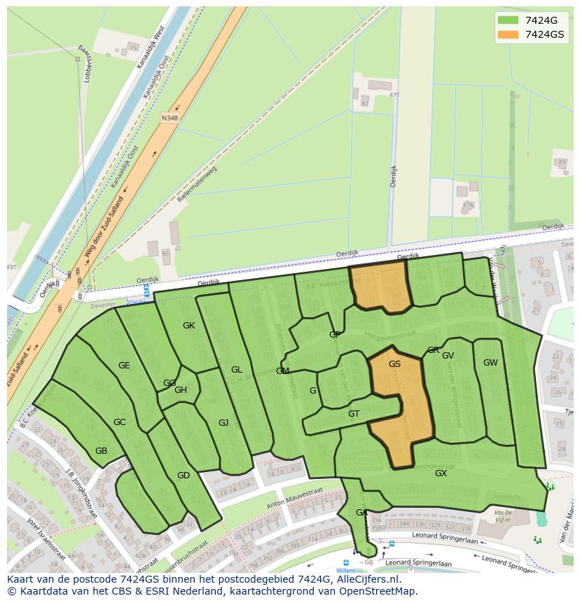 Afbeelding van het postcodegebied 7424 GS op de kaart.