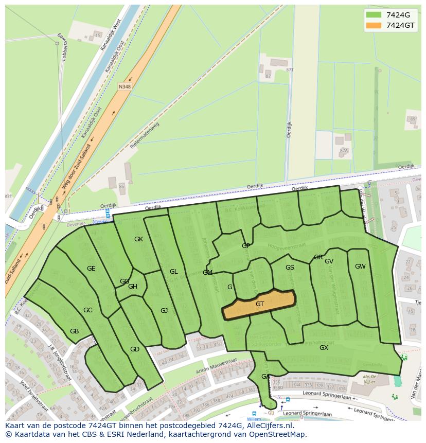 Afbeelding van het postcodegebied 7424 GT op de kaart.