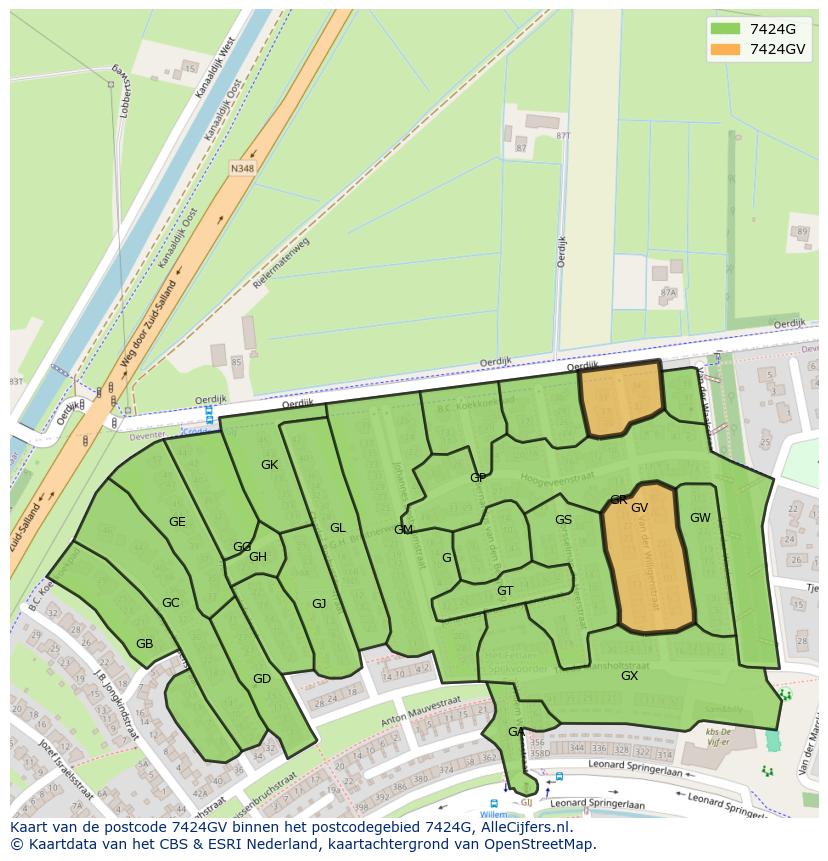 Afbeelding van het postcodegebied 7424 GV op de kaart.