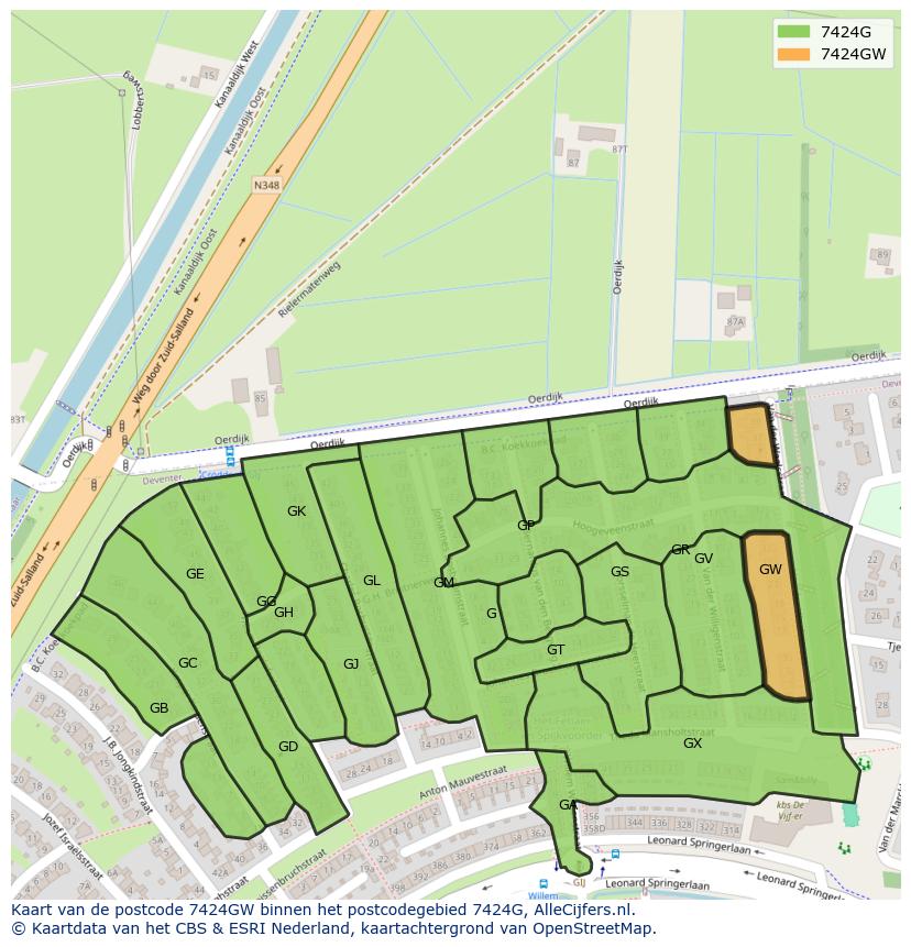 Afbeelding van het postcodegebied 7424 GW op de kaart.