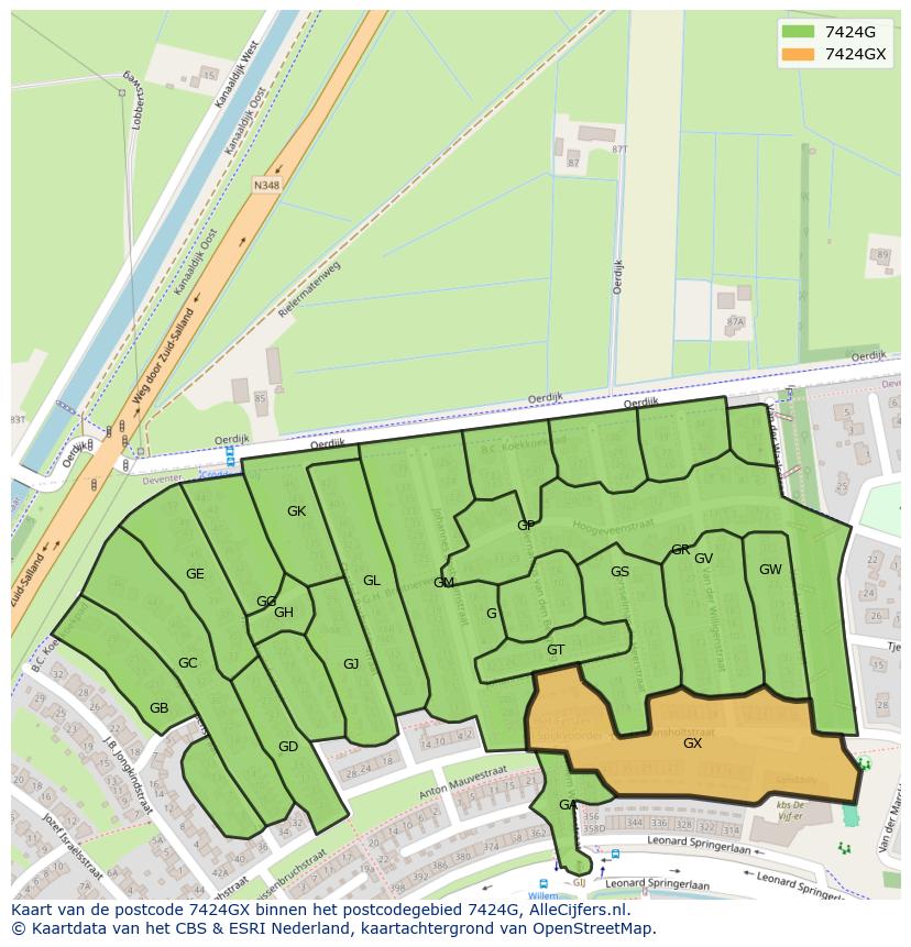 Afbeelding van het postcodegebied 7424 GX op de kaart.
