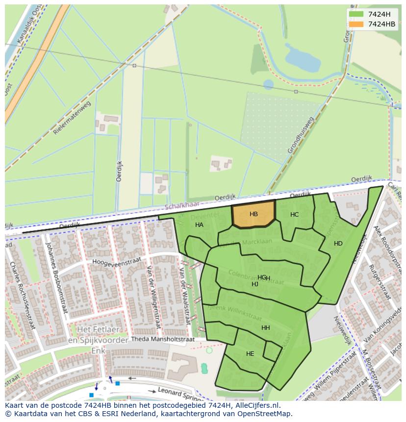 Afbeelding van het postcodegebied 7424 HB op de kaart.
