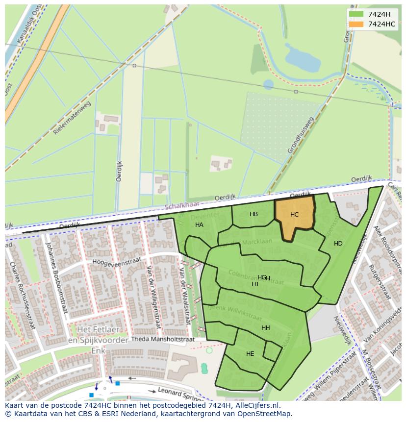 Afbeelding van het postcodegebied 7424 HC op de kaart.