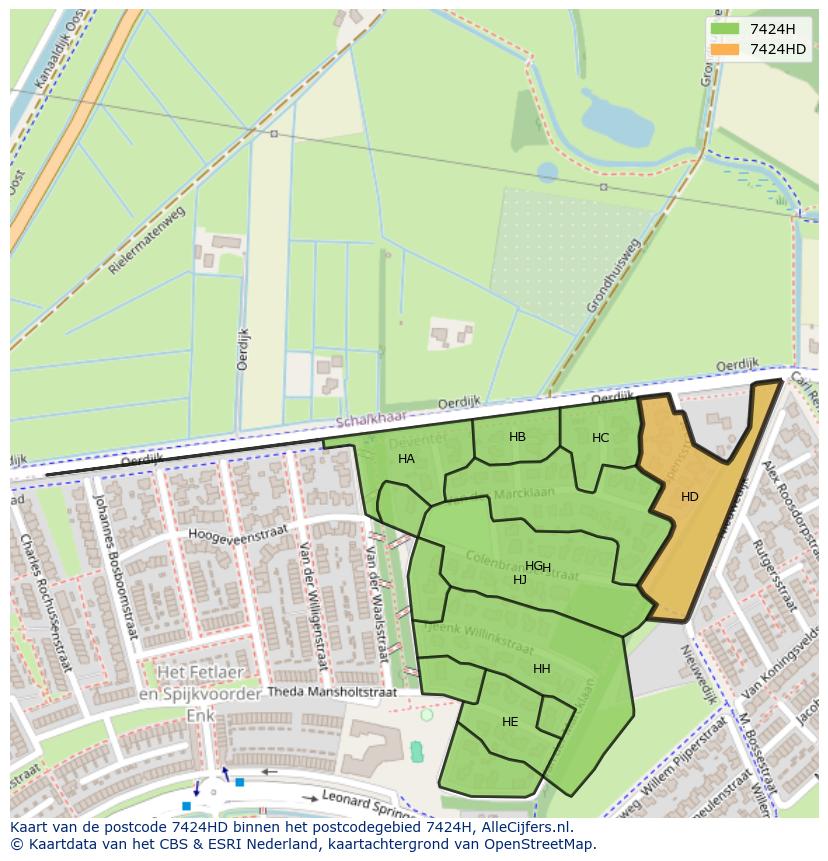Afbeelding van het postcodegebied 7424 HD op de kaart.