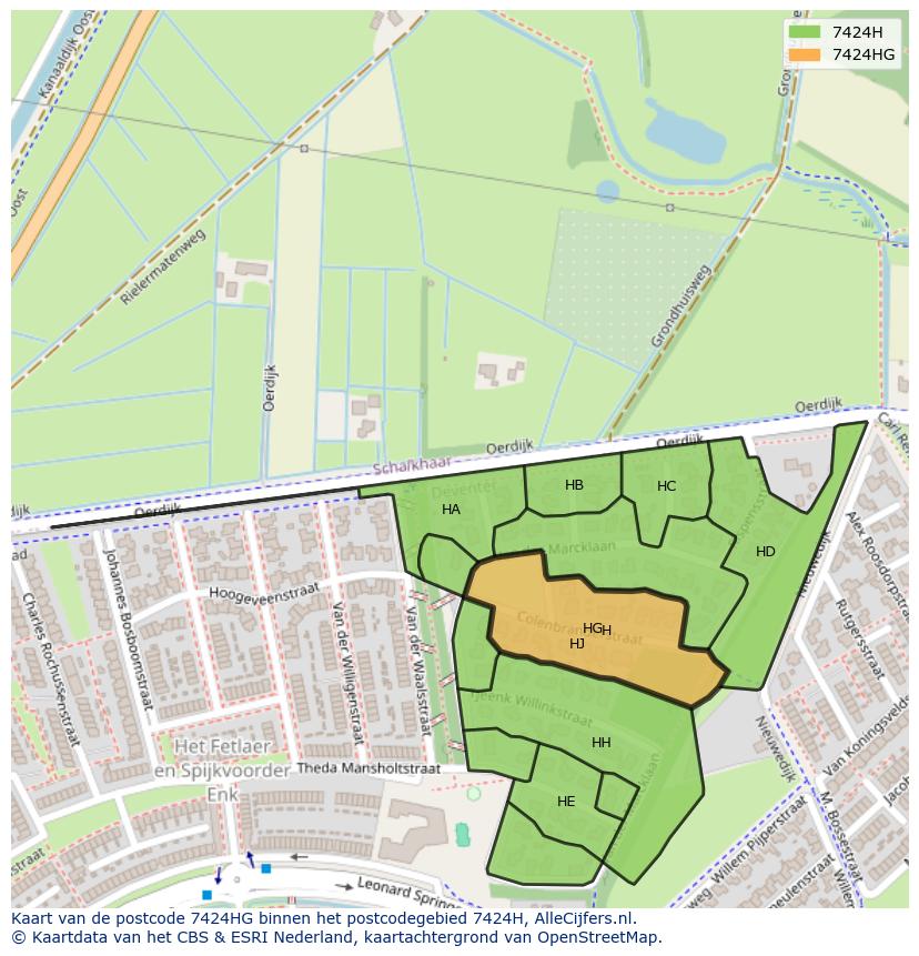 Afbeelding van het postcodegebied 7424 HG op de kaart.