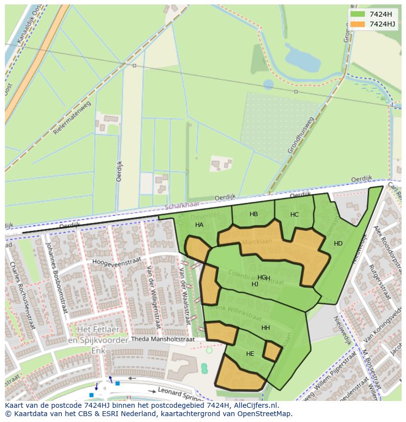Afbeelding van het postcodegebied 7424 HJ op de kaart.
