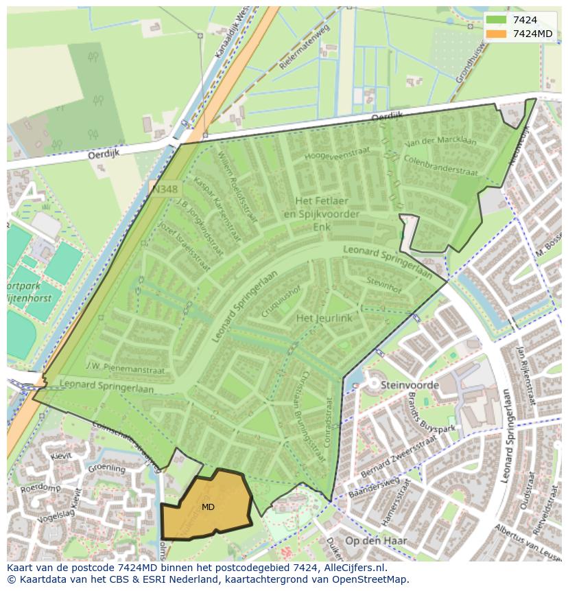 Afbeelding van het postcodegebied 7424 MD op de kaart.