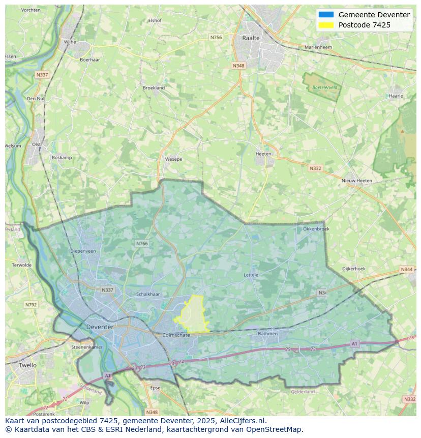 Afbeelding van het postcodegebied 7425 op de kaart.