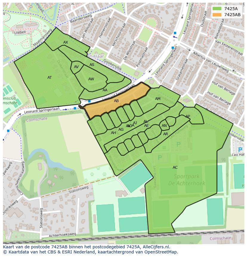Afbeelding van het postcodegebied 7425 AB op de kaart.