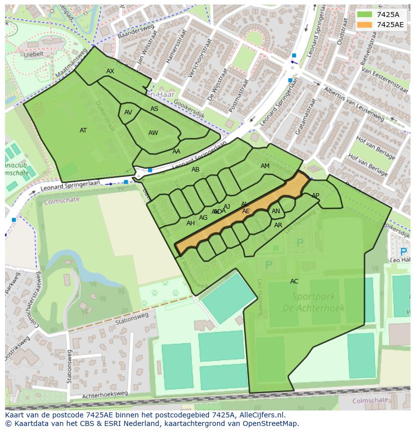 Afbeelding van het postcodegebied 7425 AE op de kaart.