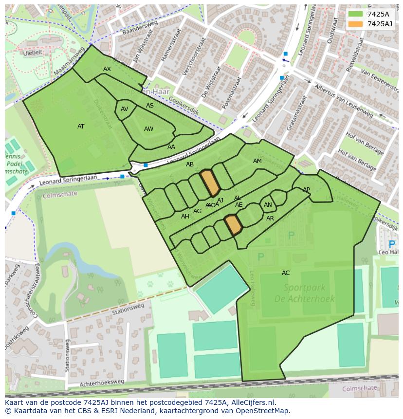 Afbeelding van het postcodegebied 7425 AJ op de kaart.