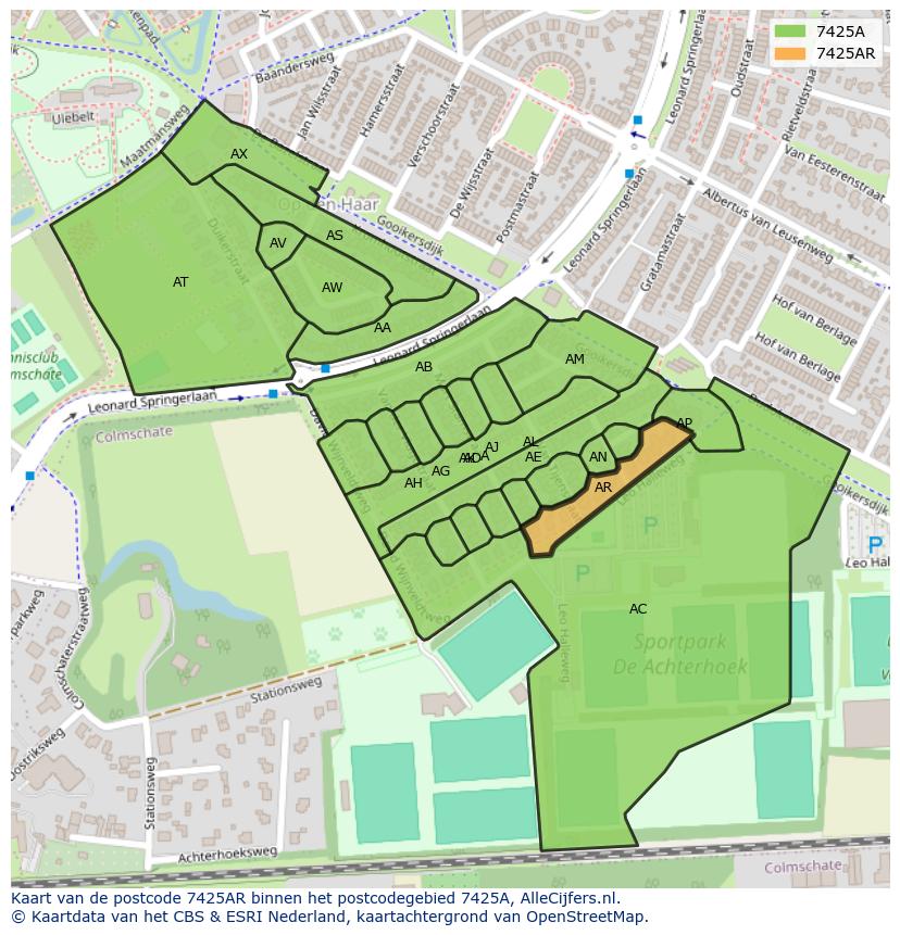 Afbeelding van het postcodegebied 7425 AR op de kaart.