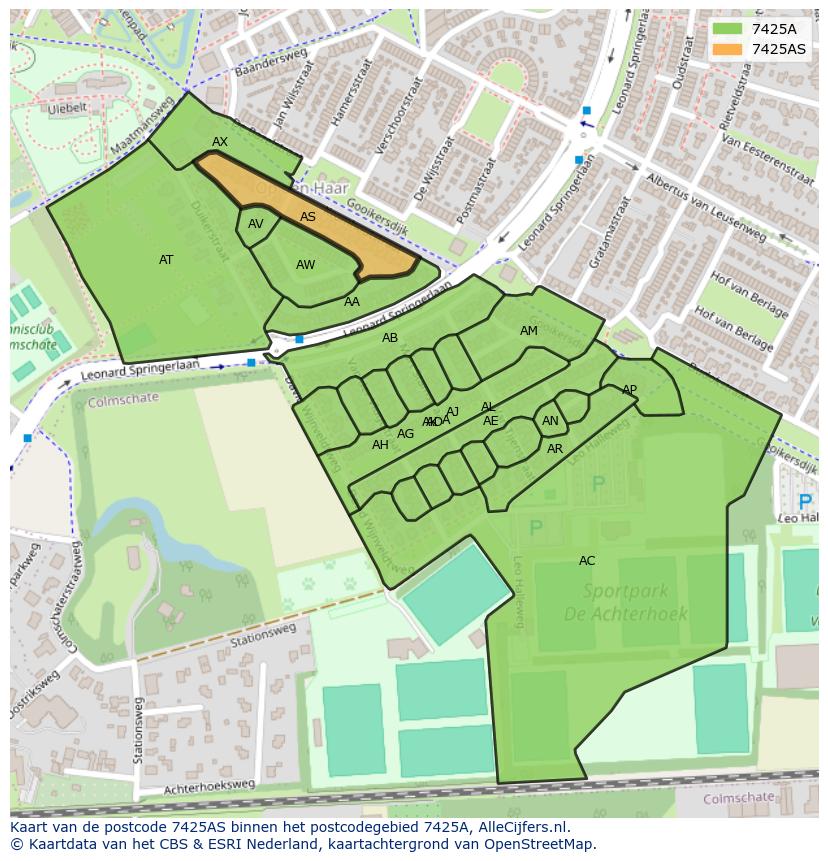 Afbeelding van het postcodegebied 7425 AS op de kaart.