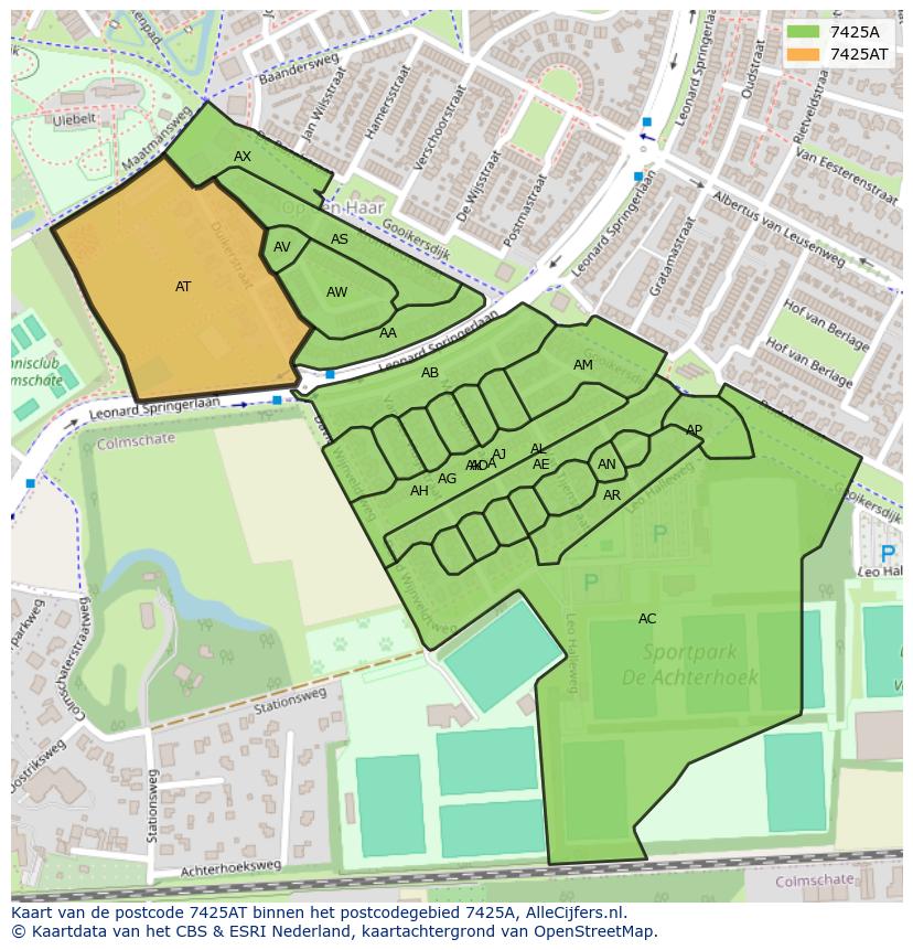Afbeelding van het postcodegebied 7425 AT op de kaart.
