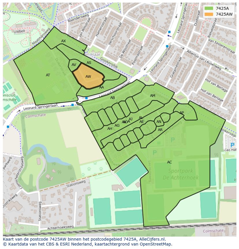 Afbeelding van het postcodegebied 7425 AW op de kaart.