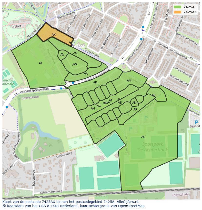 Afbeelding van het postcodegebied 7425 AX op de kaart.