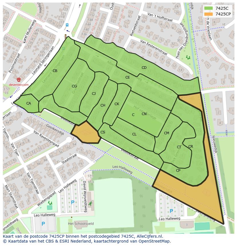 Afbeelding van het postcodegebied 7425 CP op de kaart.