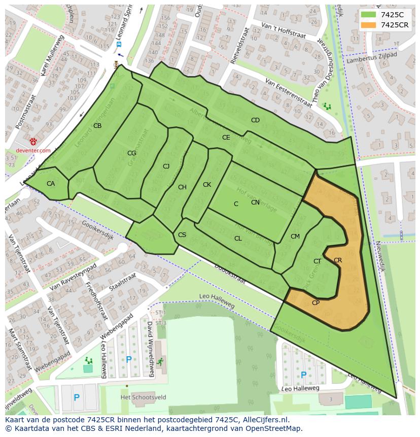 Afbeelding van het postcodegebied 7425 CR op de kaart.