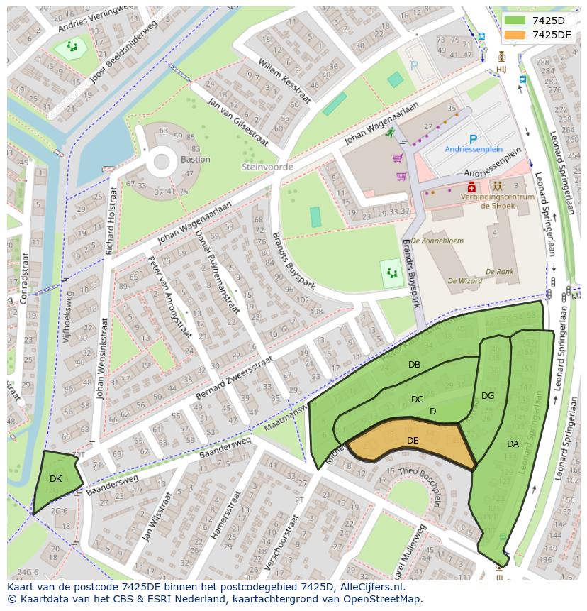 Afbeelding van het postcodegebied 7425 DE op de kaart.