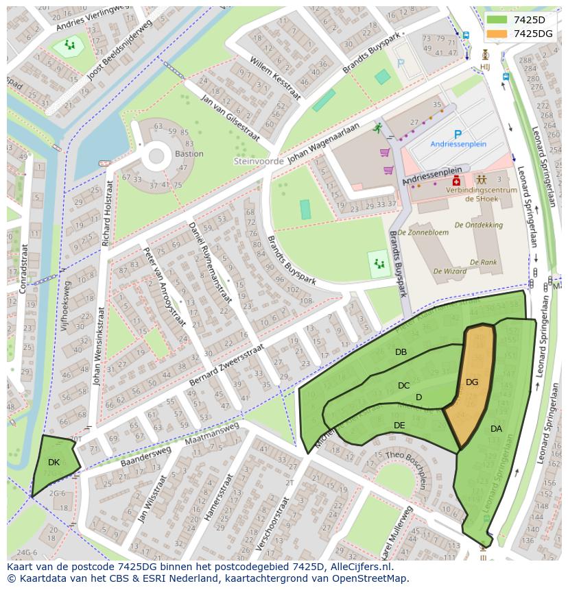 Afbeelding van het postcodegebied 7425 DG op de kaart.