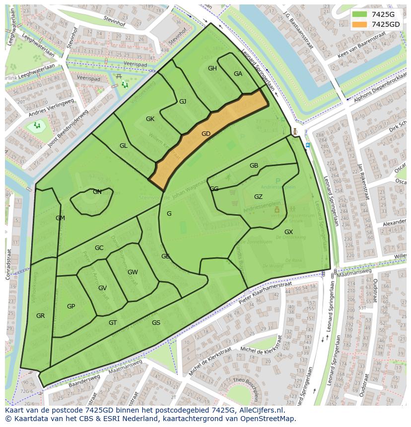 Afbeelding van het postcodegebied 7425 GD op de kaart.