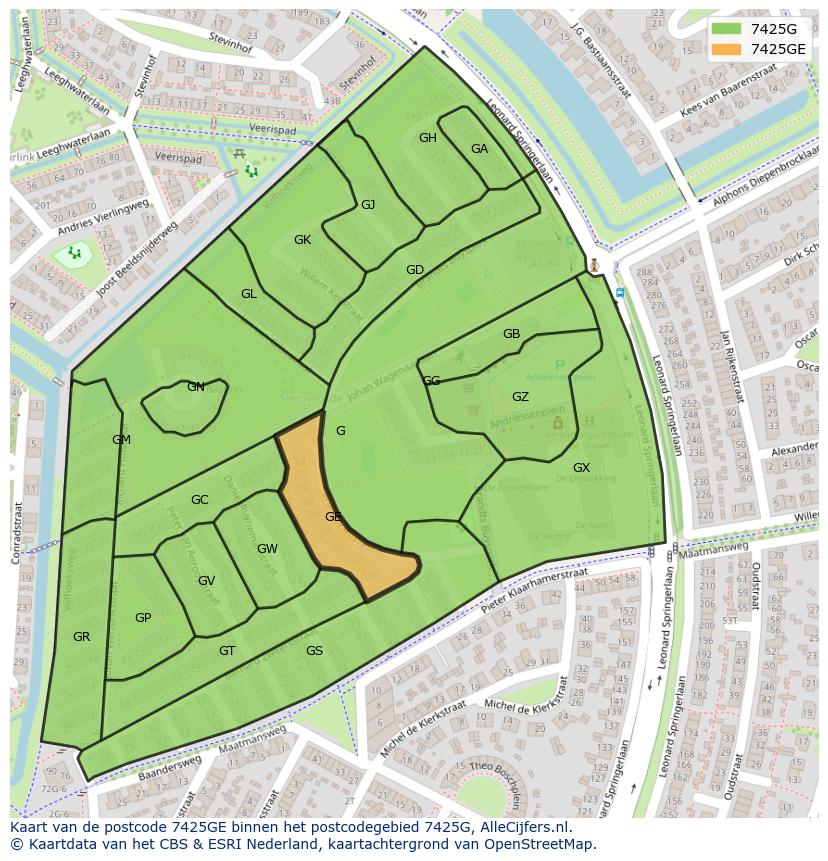 Afbeelding van het postcodegebied 7425 GE op de kaart.