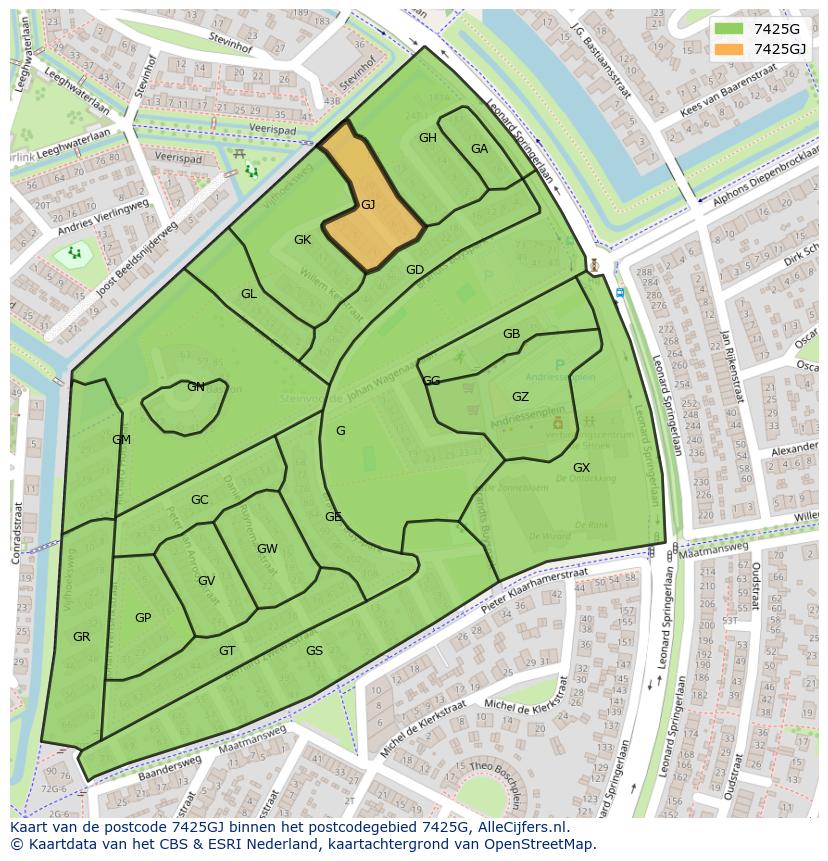 Afbeelding van het postcodegebied 7425 GJ op de kaart.