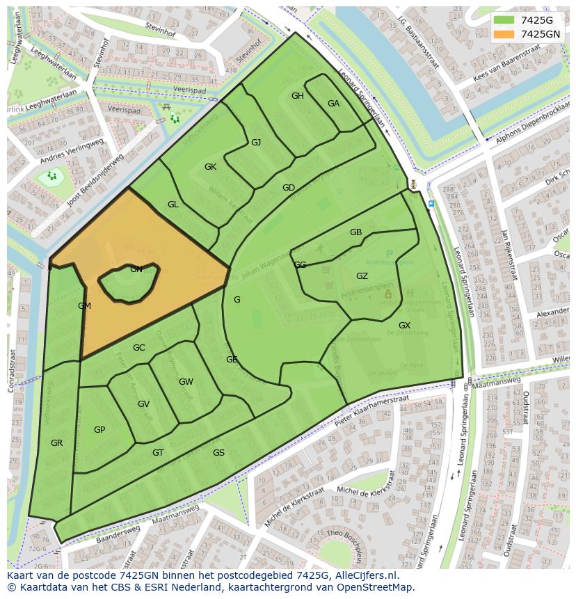 Afbeelding van het postcodegebied 7425 GN op de kaart.