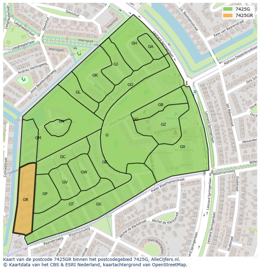 Afbeelding van het postcodegebied 7425 GR op de kaart.