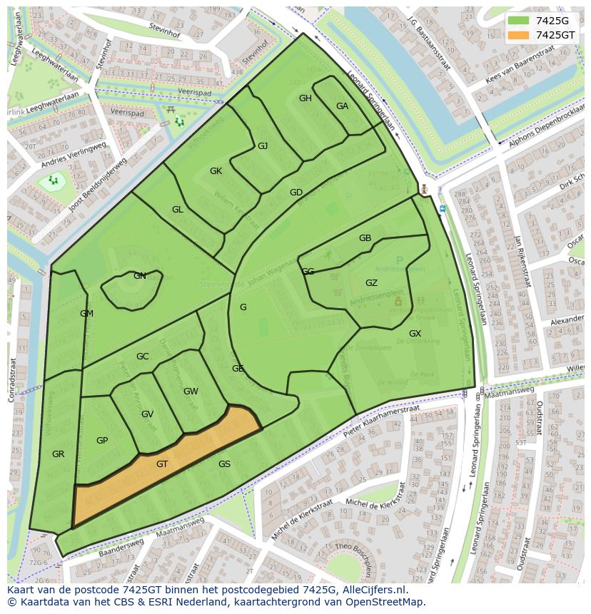 Afbeelding van het postcodegebied 7425 GT op de kaart.