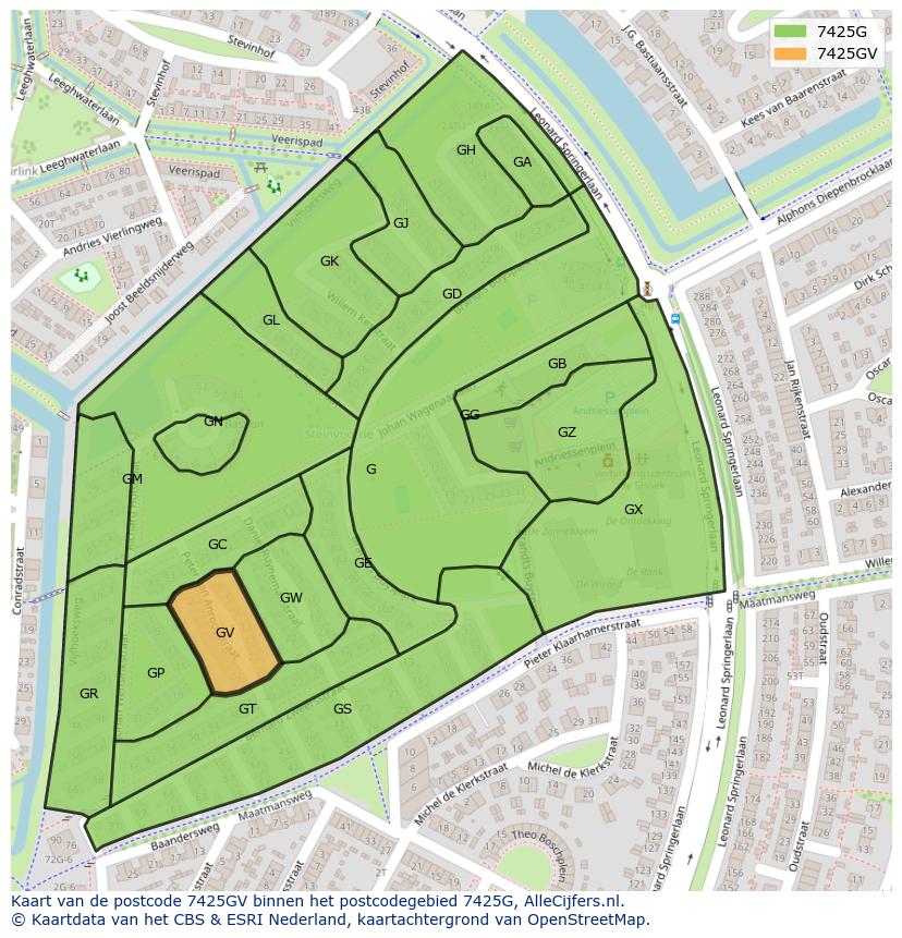 Afbeelding van het postcodegebied 7425 GV op de kaart.