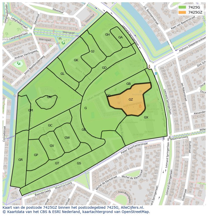 Afbeelding van het postcodegebied 7425 GZ op de kaart.