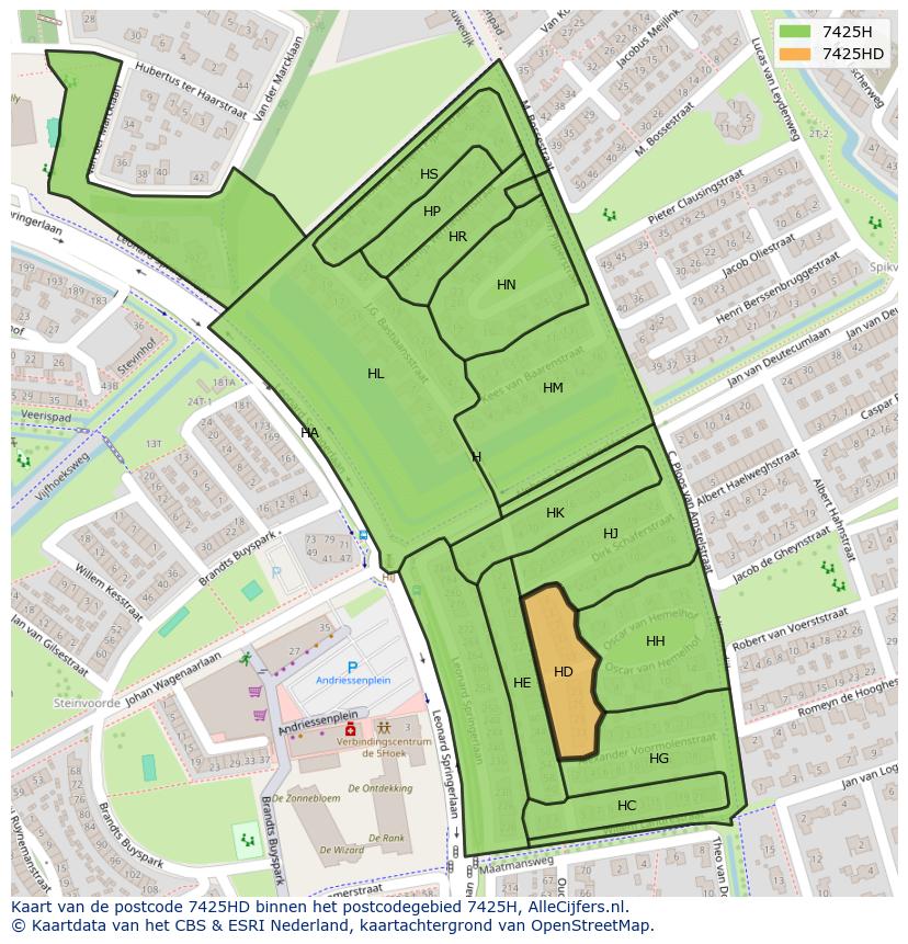 Afbeelding van het postcodegebied 7425 HD op de kaart.